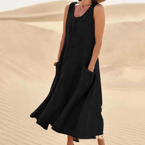 Robe <span class=keywords><strong>Bohème</strong></span> Moderne pour <span class=keywords><strong>Femme</strong></span> Sans Manches Taille Mi-Haute Silhouette Évasée en Mélange Coton-Lin avec Poche et Imprimé Thème Océan - Product Image 4