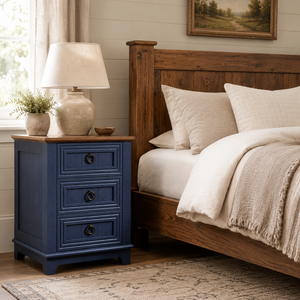 Farmhouse Solid Wood Nightstand with 3 Drawers <strong>Rustic</strong> Country Style <strong>Bedside</strong> <strong>Table</strong> with Wood Top and Ring Pull Handles Bedroom - Product Image 3