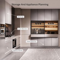 Système d'armoires de cuisine en mélamine sur mesure en forme de L avec unités de rangement hautes et vitrines en verre, idéal pour les projets résidentiels