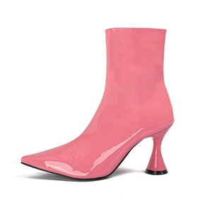 Stivali a punta alla moda da donna stivali in pelle con tacco alto e cerniera lucida in pelle verniciata multicolore - Product Image 6