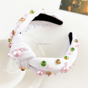 Fascia <span class=keywords><strong>rosa</strong></span> e verde da donna con nodo a forma <span class=keywords><strong>di</strong></span> perla e strass decorata alla moda regalo per feste quotidiane - Product Image 2