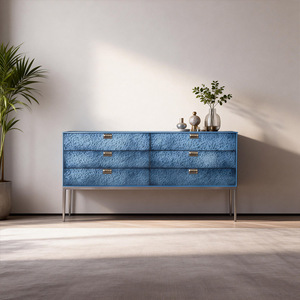 Cassettiera di Lusso Blu Texturizzata Stile Wabi-Sabi, Comò Moderno con Gambe in Metallo, Mobile in Legno con Sei Cassetti per Soggiorno - Product Image 2