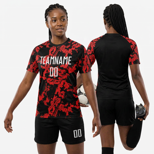 Ensemble de maillots de football unisexe noir et rouge, impression sublimée, col mandarin, manches courtes, tissu respirant, coupe athlétique, toutes saisons - Product Image 1