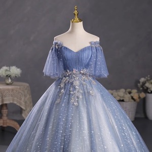 Elegant Blue Off Shoulder Tutu Gown Long Skirt Stage Performance Women's Costume Gray Blue Polyester 10-25 - Product Image 3