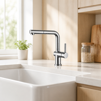 Robinet de cuisine finition chromée en forme de L, mitigeur monocommande avec douchette extractible, à poser sur comptoir, sans plomb, économie d'eau