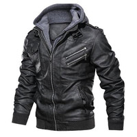 Veste en simili cuir pour homme style motard rétro C2907 - Veste de moto décontractée marron avec capuche amovible