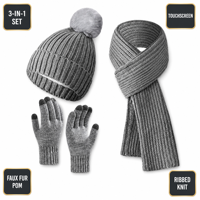 Conjunto de 3 Piezas de Gorro, Bufanda y Guantes de Punto para Invierno, Gorro de Punto Acanalado con Pompón de Piel Sintética, Guantes Táctiles, Accesorios Cálidos, Venta al Por Mayor OEM