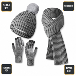 Ensemble 3 pièces bonnet, <span class=keywords><strong>écharpe</strong></span> et gants en tricot d'hiver, bonnet côtelé avec pompon en fausse fourrure, gants tactiles, accessoires chauds, vente en gros OEM - Product Image 2