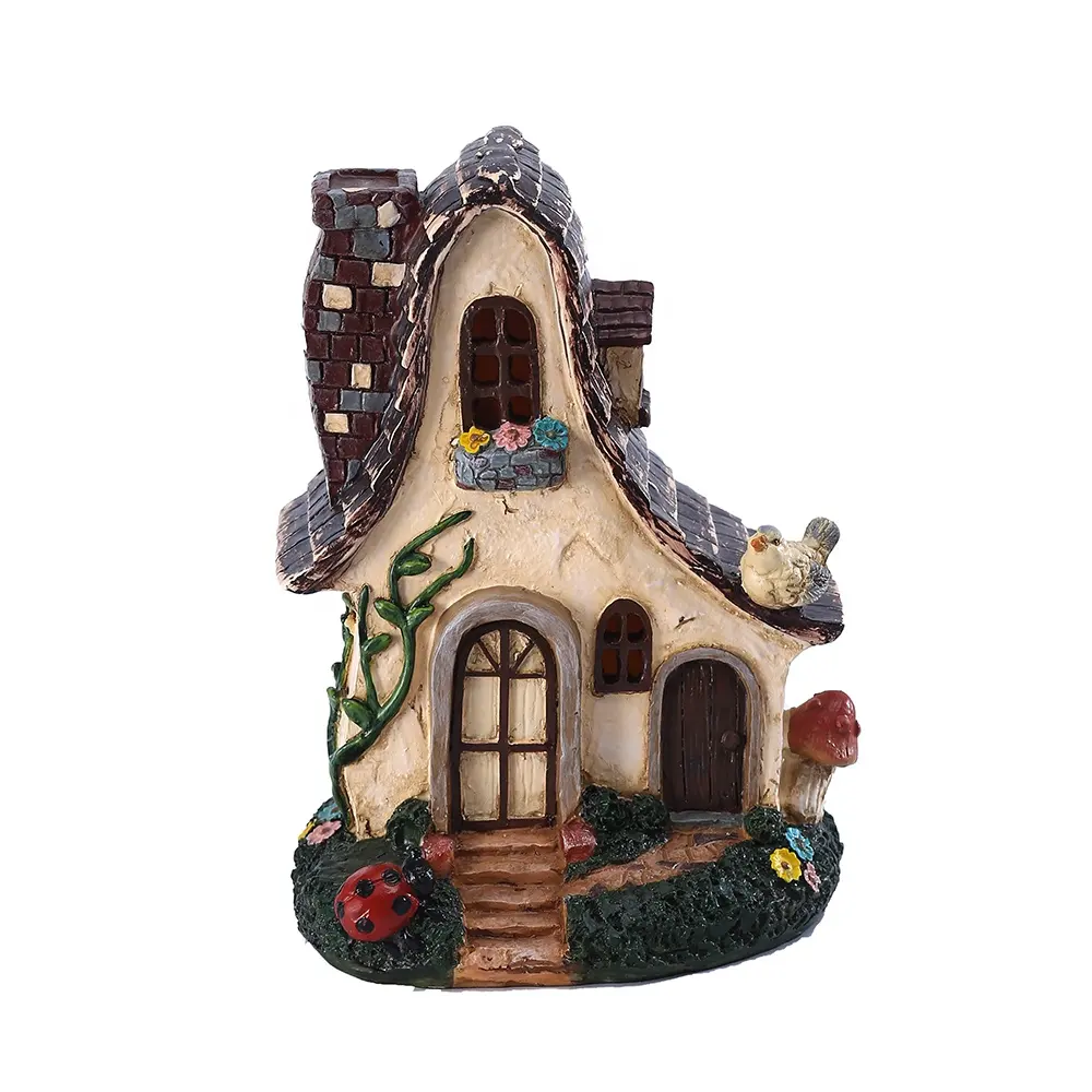 Estatua de cabaña de pueblo de 7,8 pulgadas, decoración de escultura de Casa de resina, figurita de cabaña de pueblo rojo fantástico, regalo de jardín