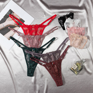 Tanga de encaje de punto de talle bajo para mujer con lazo decorativo, tirantes finos ajustables, ropa interior transparente con espalda en T, lencería íntima sexy para mujer - Product Image 1