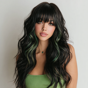 <span class=keywords><strong>Parrucca</strong></span> sintetica di moda europea americana per donna stile onda corpo nero evidenzia <span class=keywords><strong>verde</strong></span> gradiente capelli ondulati <span class=keywords><strong>parrucca</strong></span> Bangs-SM406 - Product Image 2