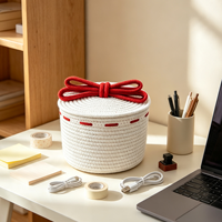 Boîte de rangement en corde de coton tressée à la main avec couvercle à nœud, organisateur décoratif anti-poussière pour chambre, chambre d'enfant, table, petits objets