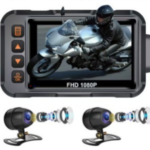 Caméra de tableau de bord pour moto, 1080P FHD, GPS, WiFi, étanche, commande vocale, caméra avant et arrière, grand angle 140 degrés, écran 3.5 pouces - Product Image 1