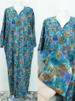 Gaun Maxi Longgar Motif Bunga Teal 100% Katun, Kerah V Kancing Depan, Cetak, Gaya Abaya Sederhana, Pinggang Alami, Bahan Bernapas, Formal, OEM