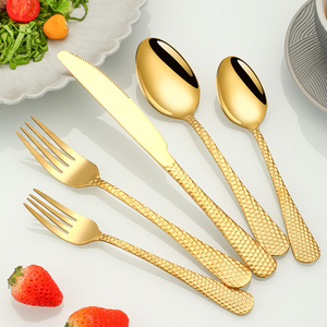 Ensemble de couverts de haute qualité, fourchette, cuillère et couteau, plaqué or, acier inoxydable martelé, pour hôtel et restaurant - Product Image 2
