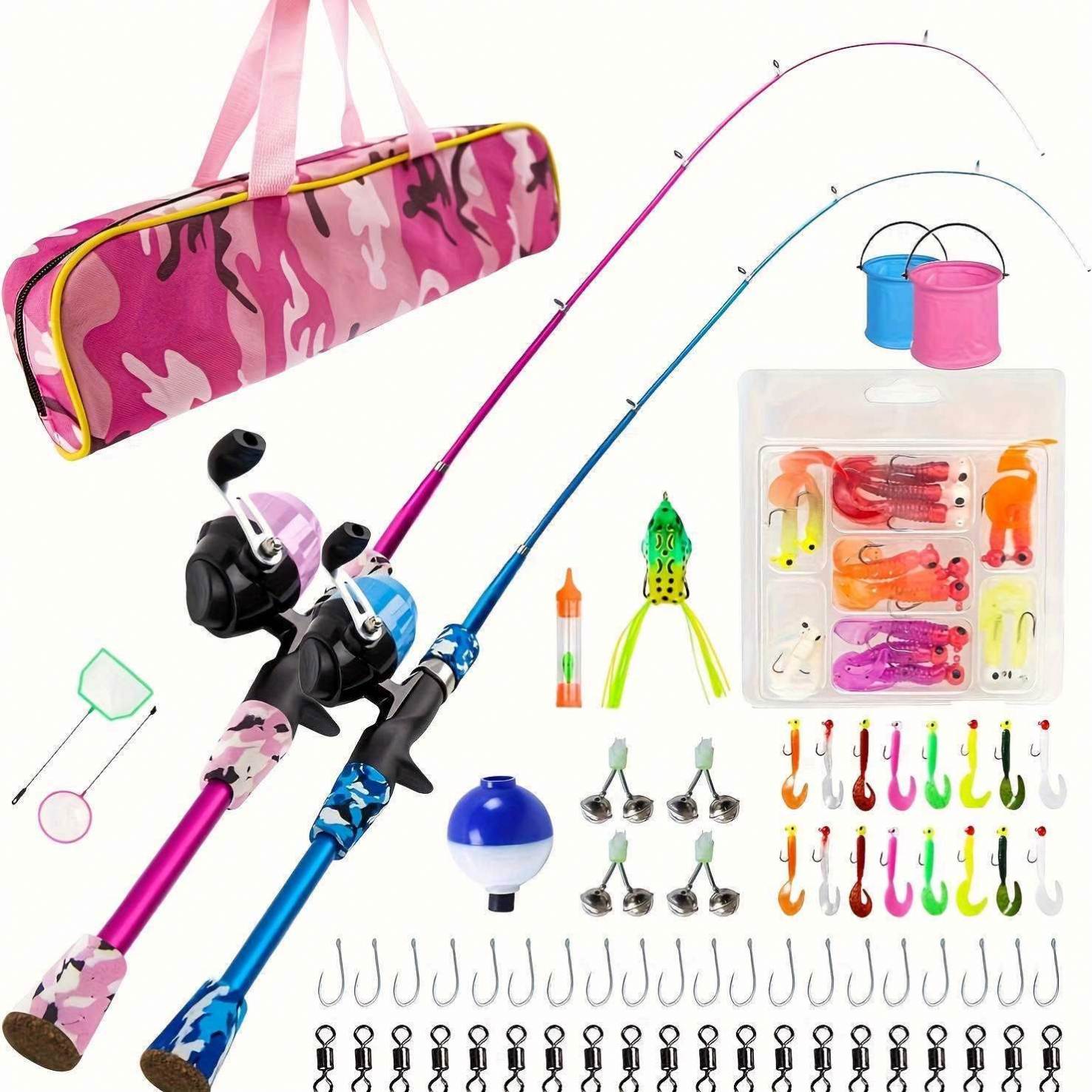 children's fishing rods and reels Two Pack Kid Friendly Poles Set With Reel here is suitable and light weight fishing pole for 3 Kids Fishing Pole Set, Telescopic