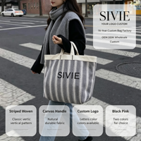 Sac fourre-tout en toile rayée, sac de courses réutilisable pour les courses et les sorties quotidiennes, logo brodé personnalisé disponible
