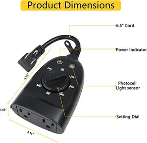 Modern 24-Hour Outdoor Black 3-Grounded Outlets 125V Photo-Sensitive Countdown Sensor Timer For Lighting Application