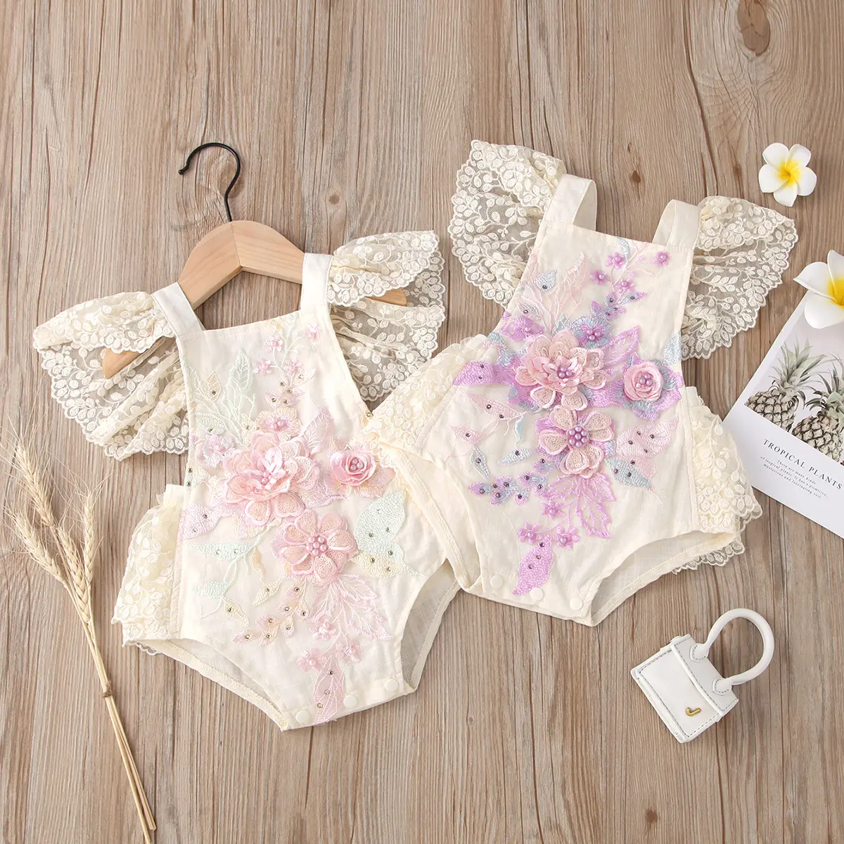 Summer Lace Backless Embroidered Floral Jumpsuit Bubble Romper Baby Clothing