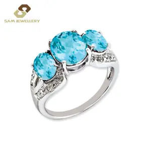 Classic Women Blue Topaz Stone Jewelry feroza stone 925 Sterling Silver Three Stone Ring
