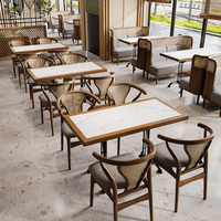Restaurant asiatique de haute qualité en bois massif rotin cuir canapé cabine salle à manger table en marbre et chaises ensemble de meubles commerciaux