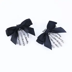 Black Vintage Girls Ribbon Alloy Hand Bone Skelton Hair Pin Accessories Skull Hair Clip Halloween Hair Bow For Women