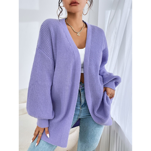 Winter Casual Ribbed <b>Cropped</b> Knit Acrylic <b>Cardigan</b> <b>Women's</b> Black Long Sleeve Sweater Coat - Product Image 2