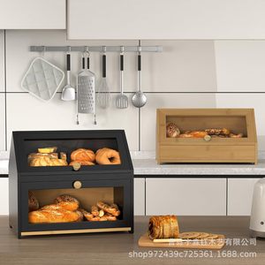 Boîte à pain en bambou noire avec couvercle rabattable, rangement pour comptoir de cuisine, présentoir à pain de comptoir, conteneur à pâtisserie et fruits - Product Image 4