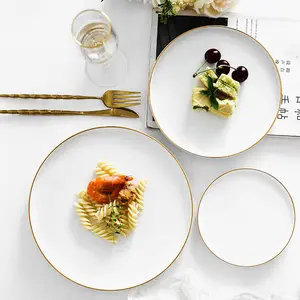 Custom Restaurant Dinnerware Porcelain Catering Plates Steak 10" 12" Round Flat Hotel White Gold Rim Ceramic Plate for wedding