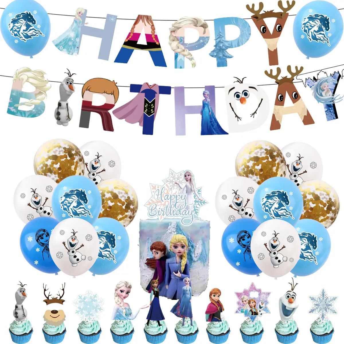 Frozen party favors for kids birthday layout decoration pendant princess snowman cake balloon flag set