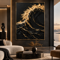 Peinture sur toile texturée 3D Vague Océanique Or Noir, Art Mural de Luxe Paysage Marin pour Hôtel, Villa, Bureau, Décoration de Salon