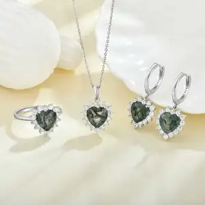 QX Custom OEM donna 925 di lusso in argento Sterling acqua erba agata cuore orecchini collane anello Fine Cubic zirconi gioielli Set