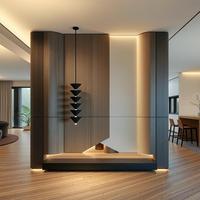 Meuble à chaussures d'entrée intégré en bois grainé sur mesure, avec décor à flûtes verticales, table console murale flottante pour hall d'appartement