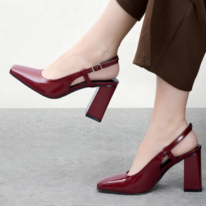 Escarpins à talon carré bordeaux en cuir verni avec bride arrière et bride de cheville pour femme - Evergreen Outdoor <span class=keywords><strong>Sexy</strong></span> - Product Image 4