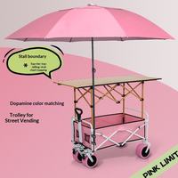 Chariot de Vendeur Ambulant Pliable en Acier Carbone Rose, Étanche et Réglable en Hauteur, Chariot de Camping Portable avec Plateau pour Extérieur