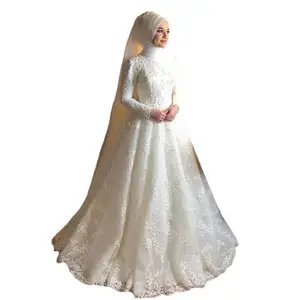 Abito da sposa dignitoso bianco a manica lunga per abiti da sposa musulmani da donna