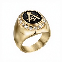 Bague maçonnique classique en acier inoxydable plaqué or 18 carats avec cristal créé en laboratoire, marque unisexe, approvisionnement direct usine