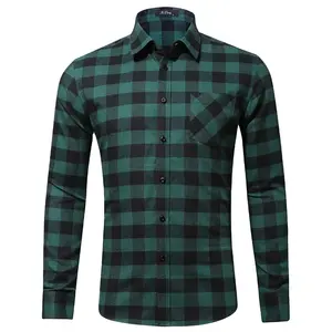 Fashionable Fall Long Sleeves Green Checked Business Casual Flannel Shirts For Men