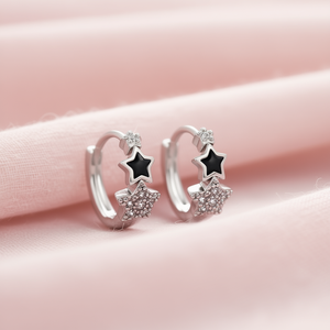 Boucles d'oreilles Huggie Étoile Blanche Champagne en Argent 925 avec Sertissage Pavé Étoile Noire pour Femme, Usage Quotidien - Product Image 2