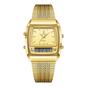 Nuevo reloj de tira de acero sólido LIEBIG para hombre, reloj electrónico de cuarzo con doble pantalla y doble movimiento, reloj de pulsera sencillo dorado - Product Image 6
