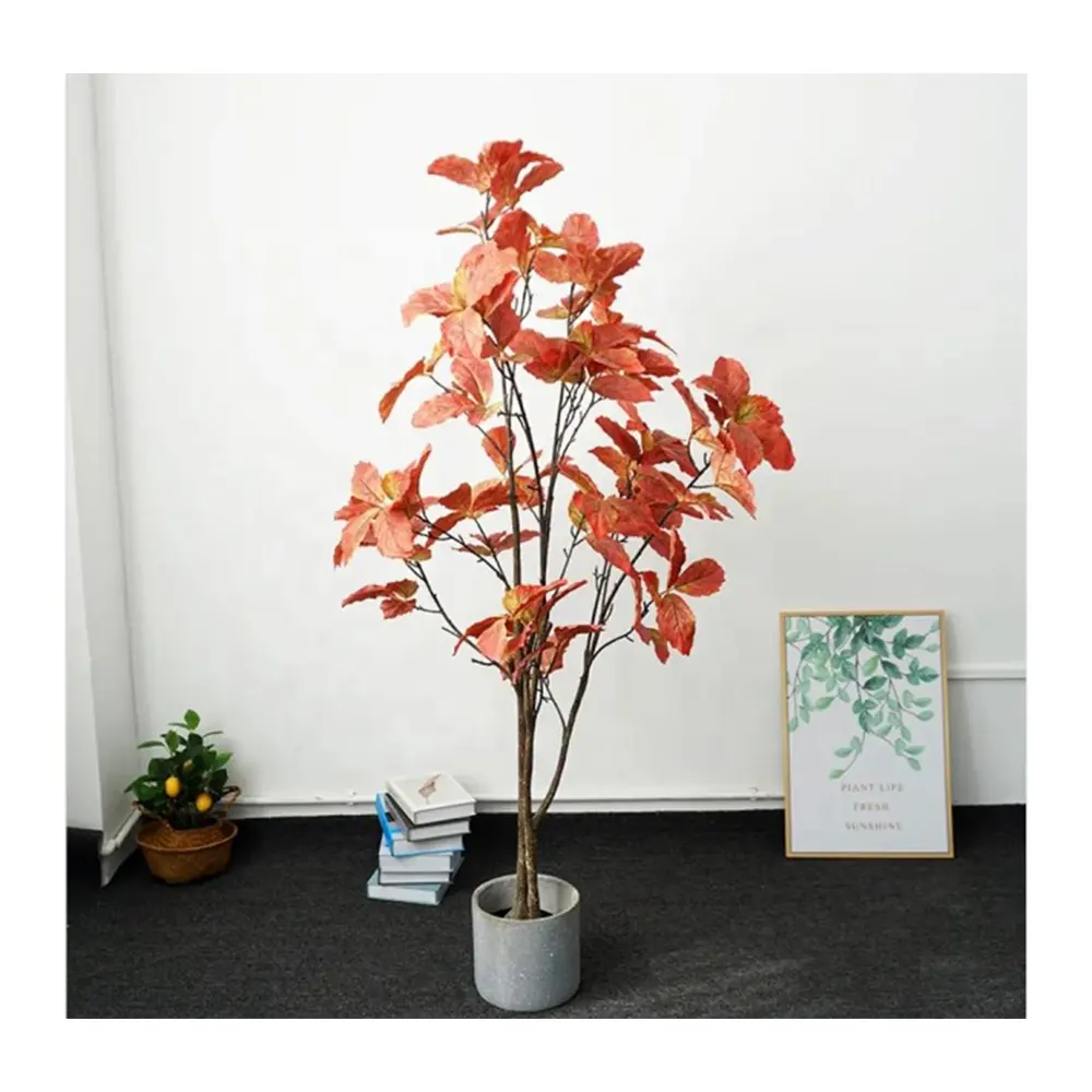 Hot Sale Red Leaf Realistic Artificial Plants Modern Home Office Decoration Plastic Grape Leaf Tree In Pot