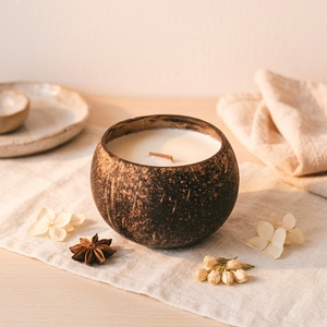 Eco Friendly Coconut Bowl <b>Candle</b> 100% Natural Soy Wax Crackling Wooden <b>Wick</b> For Home Spa Custom Label Factory - Product Image 1