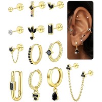 Ensemble de boucles d'oreilles géométriques en acier inoxydable - Clous à dos plat, créoles empilables multi-percées et bijoux de piercing