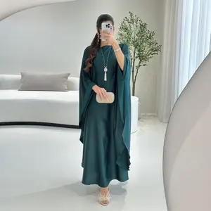 Cộng Với Kích Thước Mùa Xuân Thanh Lịch Rắn Màu Cánh Dơi Tay Áo Kaftan Eid Ramadan Váy Hồi Giáo Phụ Nữ Lỏng Abaya Dubai Satin Đảng Dress