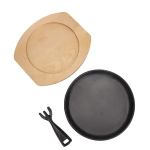 Induction Pots and Pan Set Cast Iron Cookware Frying Pan Steak Sizzling Plate Griddle with Wooden Base for Restaurant Supply