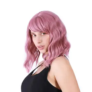 Wig Bergelombang Pendek dengan Wig Sintetis Hitam Poni untuk Wanita Wig Bob Rambut Hitam Campuran Coklat Alami