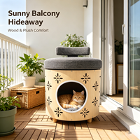 Tabouret-lit pour animaux de compagnie 2-en-1 en bois massif écologique avec coussin en peluche et découpe florale, petit et amovible