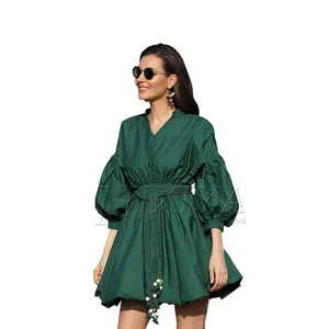 नई गर्मियों साम्राज्य कमर वि गर्दन ठोस रंग व्याकुल नीचे लालटेन 3/4 चौथाई आस्तीन मिनी मनका बेल्ट के साथ महिला आरामदायक पोशाक