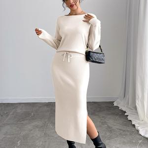 Conjunto de punto coordinado para mujer, 100% algodón, cuello barco, abertura lateral, ajustado, para todas las estaciones - Product Image 6