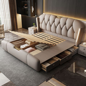 European Modern Luxury Pine Wood Lighted Soft Upholstered Headboard Bed with Storage <strong>Drawers</strong> and Hydraulic Lift-up Frame Queen - Product Image 3
